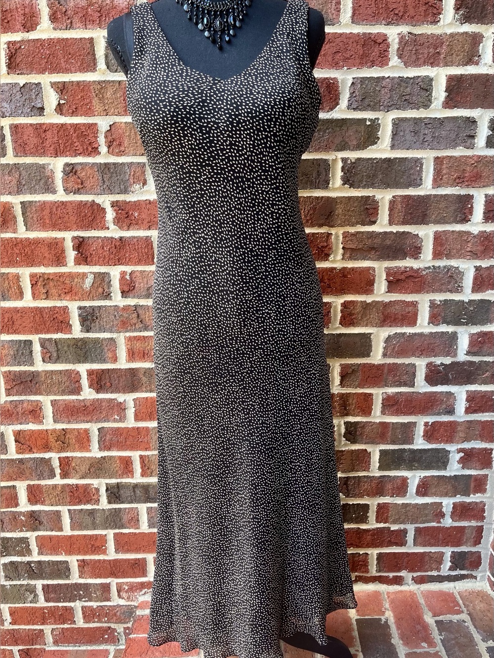 Rare y2k 1990s-2000s Ann Taylor 100% Silk Black w Tan Confetti long dress - 8P
